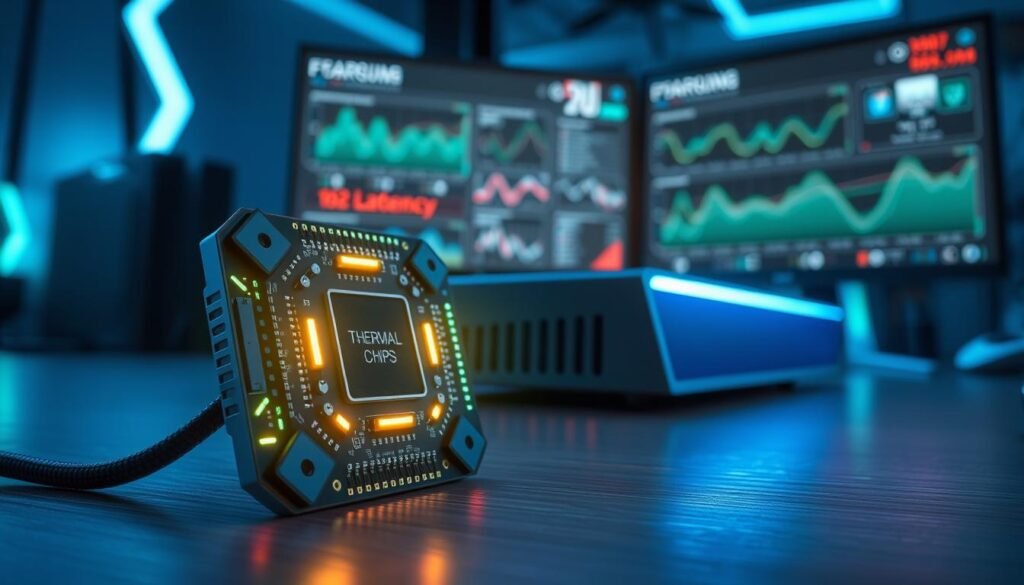 A detailed illustration of a high-tech thermal chip integrated into a modern gaming console, emphasizing its cooling system and performance indicators. In the foreground, the thermal chip is the focal point, showcasing intricate circuitry and a sleek design, with glowing LED elements that indicate temperature. The middle ground features a gaming console, illuminated with soft backlighting, highlighting its smooth edges and ventilation ports. The background displays a blurred gaming setup, complete with a dual-monitor display showing graphs of latency and performance metrics, creating a dynamic environment. The lighting is cool and futuristic, with blue and green hues enhancing the tech-savvy atmosphere. The perspective is slightly angled to capture depth, aiming for a polished and professional mood.