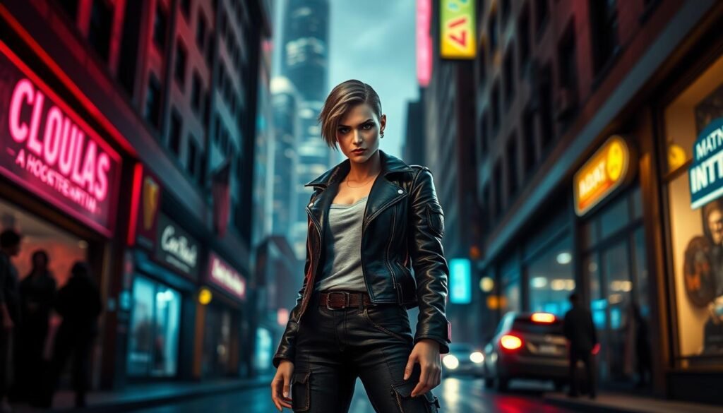 A strong, determined female character named Lucia stands confidently at the forefront of an urban alleyway in a bustling city reminiscent of Grand Theft Auto settings. She has striking features with a short, stylish haircut and wears a rugged leather jacket paired with fitted jeans and sturdy boots, embodying a rebellious spirit. In the background, the city skyline glimmers under the glow of neon lights, with blurred silhouettes of skyscrapers. The scene captures a moody atmosphere, with dramatic shadows and soft lighting highlighting Lucia's intense gaze. The angle is slightly low, portraying her as powerful and unapologetic, while the urban environment emphasizes her role as a modern protagonist.