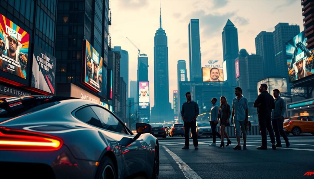 A vibrant cityscape at dusk, showcasing a next-gen gaming world inspired by Grand Theft Auto. In the foreground, a sleek, futuristic car parked on the street, glowing neon lights reflecting off its polished surface. Moving to the middle-ground, a group of diverse, stylized characters in professional attire, eagerly discussing exciting features of the game, like enhanced graphics and immersive gameplay elements. The background features a sprawling urban skyline, with towering skyscrapers illuminated by dynamic billboards advertising the upcoming game. The lighting is warm and dramatic, casting long shadows and highlighting the excitement in the atmosphere. The angle is a slightly elevated view, capturing both the action and the stunning environment, evoking a sense of anticipation and wonder.