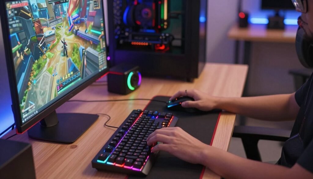 A dynamic gaming setup featuring a high-performance PC in an organizational workspace. In the foreground, showcase a sleek gaming monitor displaying vibrant graphics of a modern AAA game, with customizable RGB lighting illuminating the edges. The middle area includes a stylish gaming keyboard with mechanical keys and a mouse with advanced DPI settings, both designed for comfort and precision. The background highlights a neatly arranged desk with gaming accessories, while ambient lighting creates a cozy atmosphere. Add a subtle bokeh effect to emphasize the foreground elements, and capture the scene from a slightly elevated angle to provide depth. The mood should be focused and energetic, perfect for a dedicated gamer optimizing their setup for peak performance.