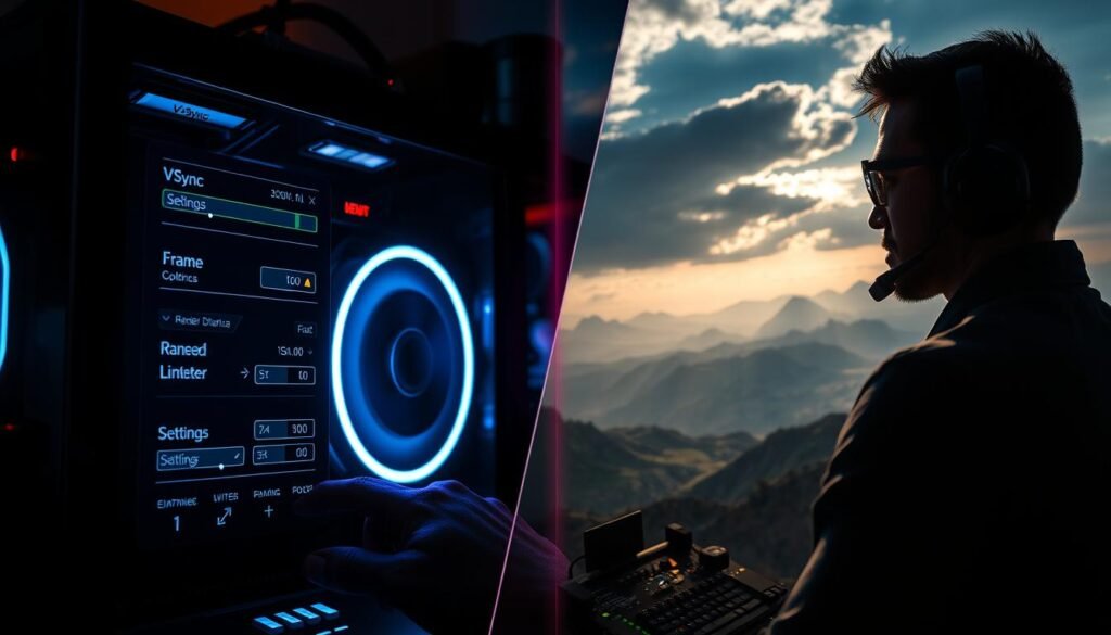A dynamic split-screen image featuring the concepts of advanced gaming graphics settings: on the left, a close-up scene showcasing a sleek gaming PC with illuminated components, emphasizing technical elements like V-Sync settings on a monitor display and frame limiter options illuminated in vibrant colors. A focused gamer in professional attire adjusts settings using a high-tech interface. On the right, a breathtaking gaming landscape depicting a vast render distance, with distant mountains and detailed terrain, under dramatic lighting that enhances the visual depth. The mood is intense and immersive, capturing the essence of optimal performance and maximum visual fidelity in gaming. A cinematic lens perspective adds depth to the scene, inviting viewers into the world of advanced gaming configurations.
