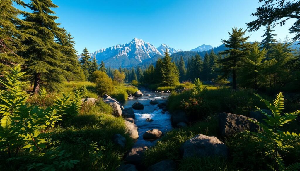 A highly detailed digital art scene showcasing the contrast between realistic shadowing and ambient occlusion effects in a lush, natural environment. In the foreground, a vibrant, intricately textured forest floor with various plants and rocks, casting deep shadows that enhance the depth. The middle ground features a sun-dappled stream flowing gently, with ripples reflecting light and soft ambient occlusion around the water's edges. The background presents a majestic mountain range under a clear blue sky, creating a serene atmosphere. The lighting should simulate a late afternoon sun, with warm golden tones accentuating the realism of the shadows. The angle should be slightly elevated, providing a broad view of this harmonious landscape, emphasizing the balance between visual fidelity and performance in gaming graphics.