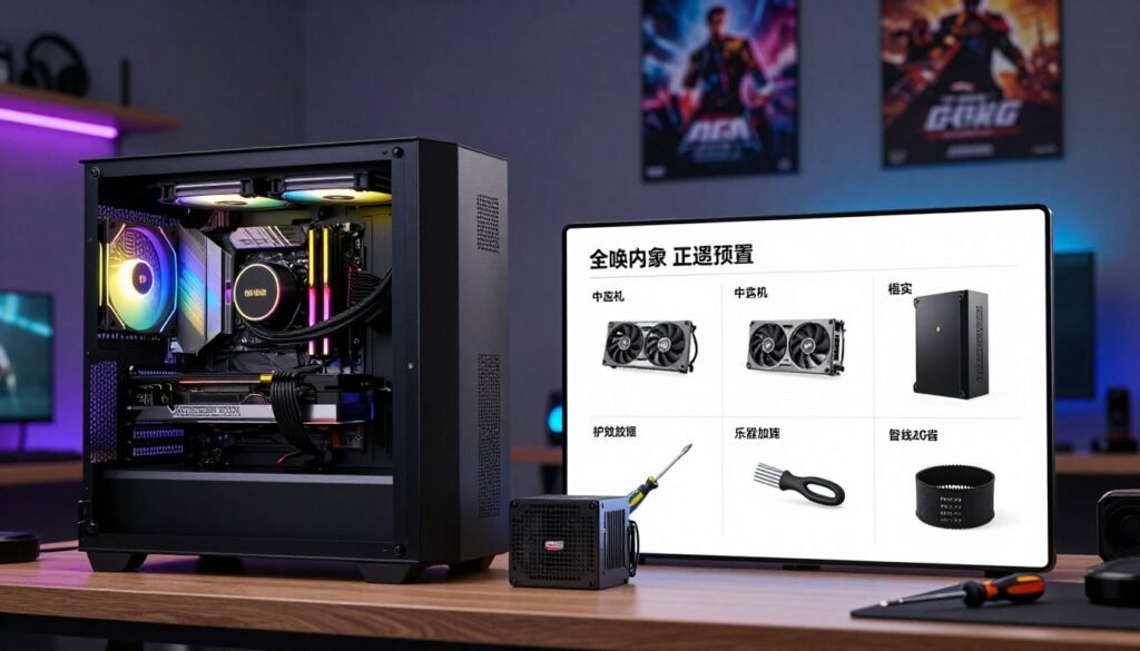 A modern gaming setup, showcasing meticulously organized components for a PC upgrade. In the foreground, an open computer case reveals high-performance hardware: vivid RGB-lit graphics card, cooling fans, and a sleek power supply. In the middle, a detailed, step-by-step guide for upgrading a gaming PC is displayed, featuring tools like a screwdriver and anti-static wrist strap. The background features a stylish, dimly-lit room with posters of popular AAA games, creating an immersive gaming atmosphere. Soft, ambient LED lighting highlights the setup, while a focus on depth of field directs attention to the components. The mood is technical yet inviting, ideal for gamers looking to enhance their systems.